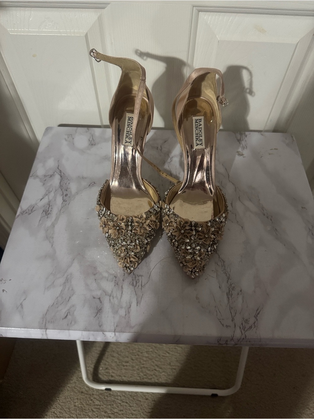 Badgley Mischka Gold Embellished Pointed-Toe Ankle-Strap Heels